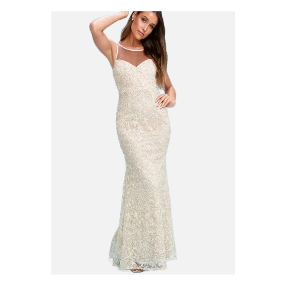 Lulu's Nathalie Cream Floral Embroidered Maxi Wedding Dress Large Ivory